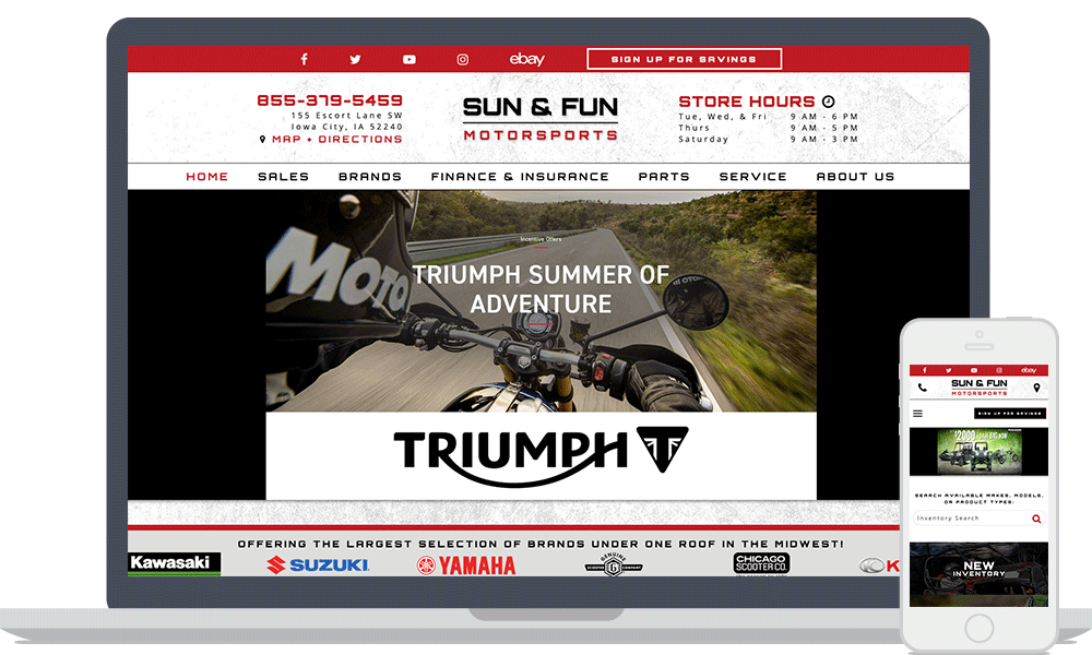 The Sun & Fun Motorsports website shown on laptop and mobile phone