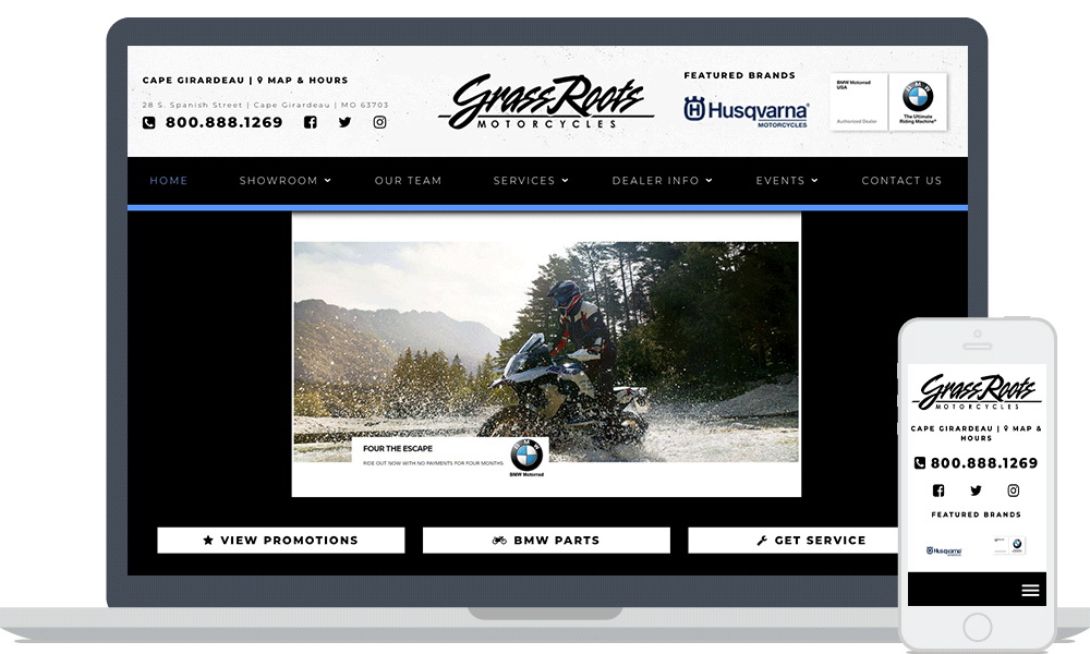 Grass Roots BMW website shown on laptop and mobile phone