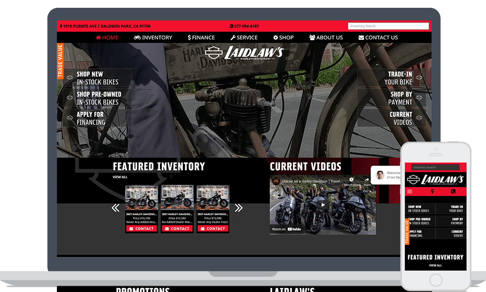 Laidlaw's Harley-Davidson website shown on laptop and mobile phone