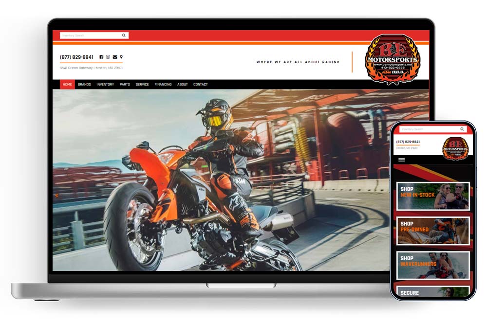B&E Motorsports website shown on laptop and mobile phone