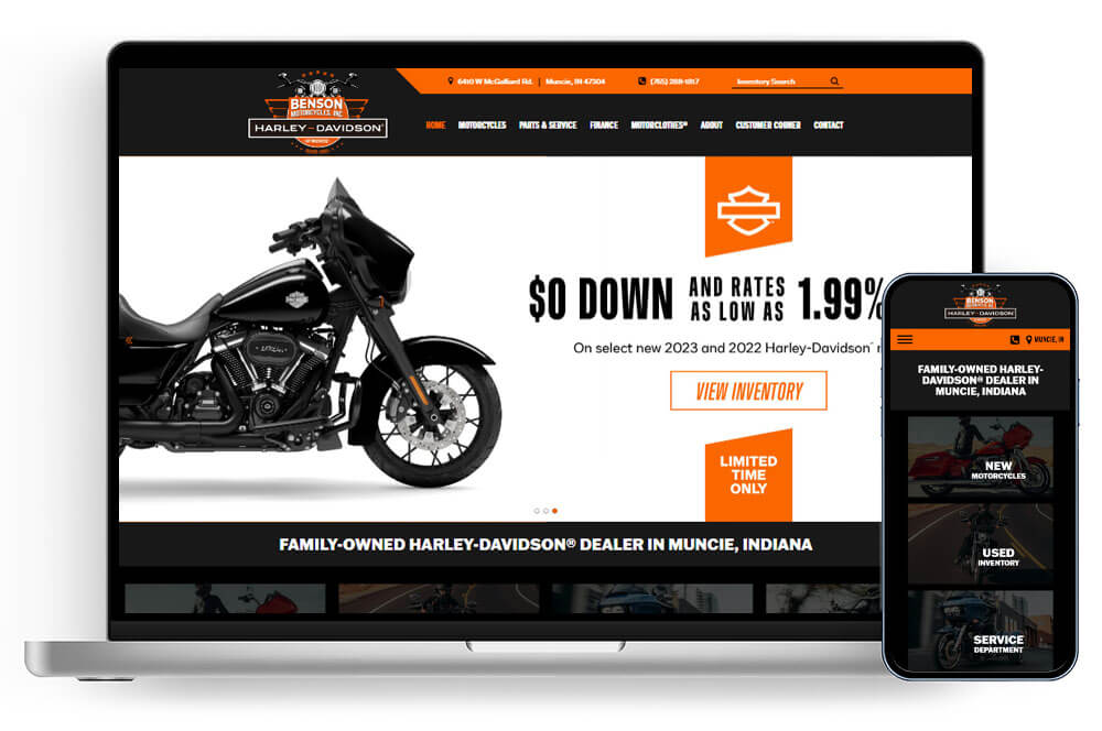 Benson Motorcycles Website shown on laptop and mobile phone