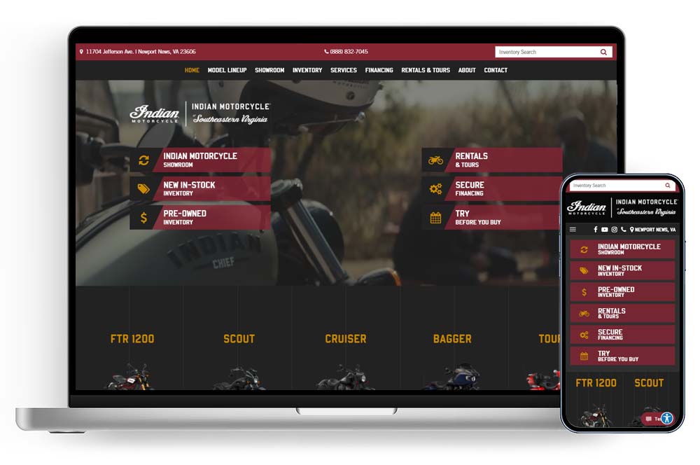 Indian Motorcycle of Southeastern Virginia website shown on laptop and mobile phone