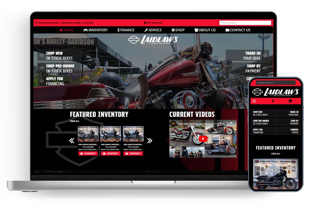 Laidlaw's Harley-Davidson website shown on laptop and mobile phone